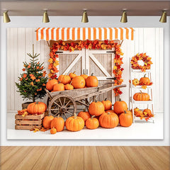 Lofaris Rustic Autumn Photography Backdrop with Orange Pumpkins, Fall Leaves, Charming Wooden Barn Door Background for Studio Portraits
