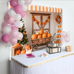 Lofaris Rustic Autumn Harvest Photography Backdrop with Pumpkins and Wooden Cart, Fall Festival Background for Studio Photoshoot