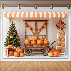 Lofaris Rustic Autumn Harvest Photography Backdrop with Pumpkins and Wooden Cart, Fall Festival Background for Studio Photoshoot