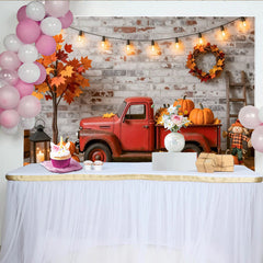 Lofaris Rustic Autumn Harvest Holiday Backdrop with Red Truck and Pumpkins, Fall Photography Background for Thanksgiving Decor