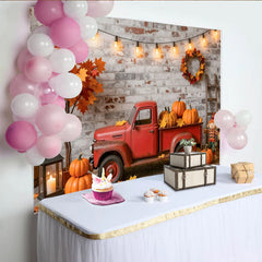 Lofaris Rustic Autumn Harvest Holiday Backdrop with Red Truck and Pumpkins, Fall Photography Background for Thanksgiving Decor