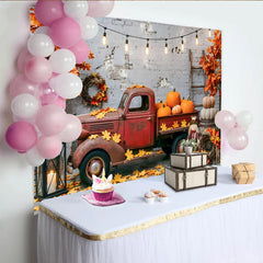 Lofaris Rustic Autumn Harvest Backdrop with Old Red Truck and Pumpkins, Fall Leaves Photography Background for Thanksgiving Decor