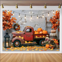 Lofaris Rustic Autumn Harvest Backdrop with Old Red Truck and Pumpkins, Fall Leaves Photography Background for Thanksgiving Decor