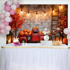 Lofaris Vintage Red Truck Autumn Harvest Backdrop with Pumpkins and Fall Leaves, Rustic Brick Wall Background for Thanksgiving Party
