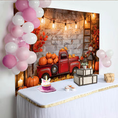 Lofaris Vintage Red Truck Autumn Harvest Backdrop with Pumpkins and Fall Leaves, Rustic Brick Wall Background for Thanksgiving Party