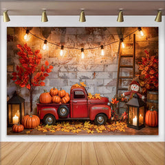 Lofaris Vintage Red Truck Autumn Harvest Backdrop with Pumpkins and Fall Leaves, Rustic Brick Wall Background for Thanksgiving Party