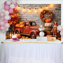 Lofaris Rustic Red Truck Autumn Photography Backdrop with Pumpkins and Fall Leaves, Cozy Harvest Scene Background for Studio Photoshoot