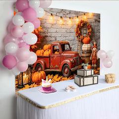 Lofaris Rustic Red Truck Autumn Photography Backdrop with Pumpkins and Fall Leaves, Cozy Harvest Scene Background for Studio Photoshoot