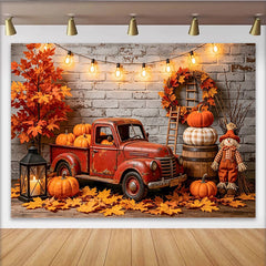 Lofaris Rustic Red Truck Autumn Photography Backdrop with Pumpkins and Fall Leaves, Cozy Harvest Scene Background for Studio Photoshoot