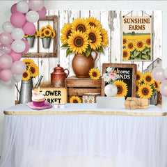 Lofaris Rustic Sunflower Photography Backdrop with Wooden Wall and Welcome Friends, Farmhouse Floral Background for Studio Photoshoot