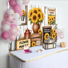 Lofaris Rustic Sunflower Photography Backdrop with Wooden Wall and Welcome Friends, Farmhouse Floral Background for Studio Photoshoot