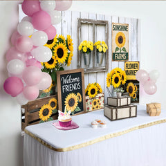 Lofaris Rustic Farmhouse Sunflower Photography Backdrop, White Wood Wall Background with Welcome Friends Sign and Flower Market Decor