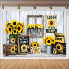 Lofaris Rustic Farmhouse Sunflower Photography Backdrop, White Wood Wall Background with Welcome Friends Sign and Flower Market Decor