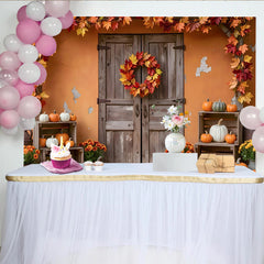 Lofaris Rustic Wooden Door Thanksgiving Backdrop with Pumpkins and Fall Leaves Garland, Autumn Harvest Festival Background for Party Decor