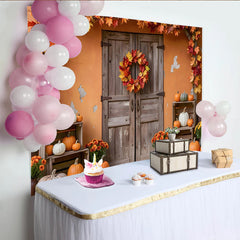 Lofaris Rustic Wooden Door Thanksgiving Backdrop with Pumpkins and Fall Leaves Garland, Autumn Harvest Festival Background for Party Decor