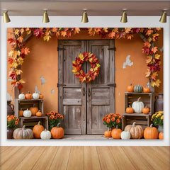 Lofaris Rustic Wooden Door Thanksgiving Backdrop with Pumpkins and Fall Leaves Garland, Autumn Harvest Festival Background for Party Decor