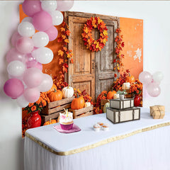 Lofaris Rustic Wooden Door Autumn Holiday Backdrop with Pumpkins and Fall Leaves, Seasonal Photography Background for Thanksgiving Party Decor
