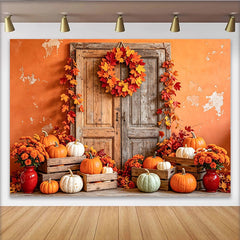 Lofaris Rustic Wooden Door Autumn Holiday Backdrop with Pumpkins and Fall Leaves, Seasonal Photography Background for Thanksgiving Party Decor