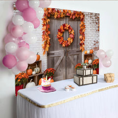 Lofaris Rustic Wooden Door Autumn Holiday Backdrop with Pumpkins and Maple Leaves, Farmhouse Background for Fall Harvest Party Decor