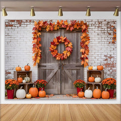 Lofaris Rustic Wooden Door Autumn Holiday Backdrop with Pumpkins and Maple Leaves, Farmhouse Background for Fall Harvest Party Decor
