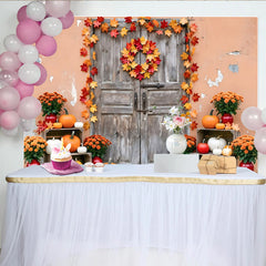 Lofaris Rustic Autumn Photography Backdrop with Pumpkins and Leaves, Old Wooden Door Background for Seasonal Portraits