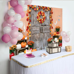 Lofaris Rustic Autumn Photography Backdrop with Pumpkins and Leaves, Old Wooden Door Background for Seasonal Portraits