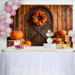 Lofaris Rustic Wooden Barn Door Autumn Harvest Backdrop with Pumpkins, Fall Leaves and Wreath Photography Background for Seasonal Decor.