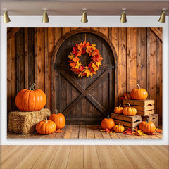 Lofaris Rustic Wooden Barn Door Autumn Harvest Backdrop with Pumpkins, Fall Leaves and Wreath Photography Background for Seasonal Decor.