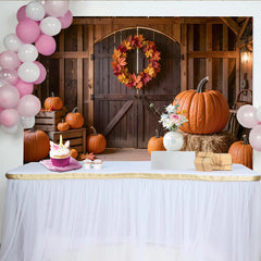 Lofaris Rustic Autumn Barn Photography Backdrop with Pumpkins and Fall Leaves, Wooden Background for Harvest Party Decor