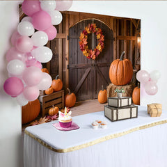 Lofaris Rustic Autumn Barn Photography Backdrop with Pumpkins and Fall Leaves, Wooden Background for Harvest Party Decor