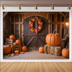 Lofaris Rustic Autumn Barn Photography Backdrop with Pumpkins and Fall Leaves, Wooden Background for Harvest Party Decor