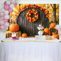 Lofaris Rustic Autumn Photography Backdrop with Pumpkins and Fall Leaves, Wooden Barn Door Background for Studio Photoshoot