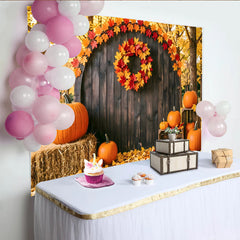 Lofaris Rustic Autumn Photography Backdrop with Pumpkins and Fall Leaves, Wooden Barn Door Background for Studio Photoshoot