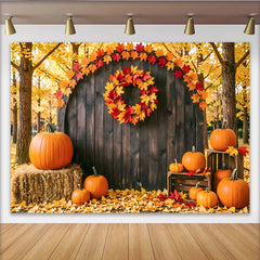 Lofaris Rustic Autumn Photography Backdrop with Pumpkins and Fall Leaves, Wooden Barn Door Background for Studio Photoshoot