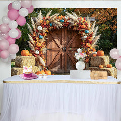 Lofaris Rustic Autumn Barn Door Photography Backdrop with Pumpkins, Fall Leaves and Pampas Grass, Seasonal Harvest for Photoshoot Decor