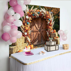 Lofaris Rustic Autumn Barn Door Photography Backdrop with Pumpkins, Fall Leaves and Pampas Grass, Seasonal Harvest for Photoshoot Decor