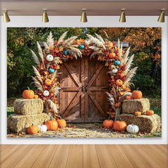 Lofaris Rustic Autumn Barn Door Photography Backdrop with Pumpkins, Fall Leaves and Pampas Grass, Seasonal Harvest for Photoshoot Decor
