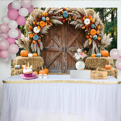 Lofaris Rustic Barn Door Autumn Photography Backdrop with Pumpkins, Pampas Grass and Hay Bales Fall Seasonal Photo Background