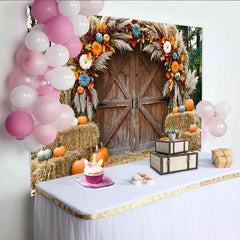 Lofaris Rustic Barn Door Autumn Photography Backdrop with Pumpkins, Pampas Grass and Hay Bales Fall Seasonal Photo Background