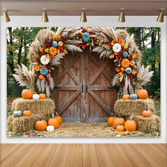 Lofaris Rustic Barn Door Autumn Photography Backdrop with Pumpkins, Pampas Grass and Hay Bales Fall Seasonal Photo Background
