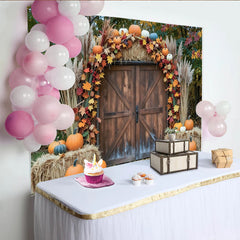 Lofaris Rustic Barn Door Autumn Photography Backdrop with Pumpkins and Hay Bales, Fall Harvest Studio Background for Portrait