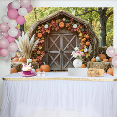 Lofaris Rustic Barn Autumn Harvest Backdrop with Pumpkins and Fall Leaves, Cozy Farmhouse Photography Background for Seasonal Photoshoot