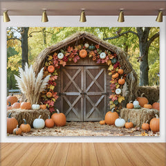 Lofaris Rustic Barn Autumn Harvest Backdrop with Pumpkins and Fall Leaves, Cozy Farmhouse Photography Background for Seasonal Photoshoot