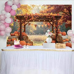 Lofaris Rustic Wooden Pergola Fall Harvest Photography Backdrop, with Pumpkins and Hay Bales, Autumn Leaves Photo Background