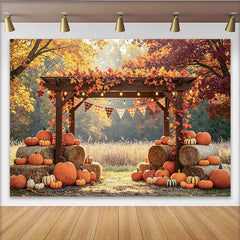 Lofaris Rustic Wooden Pergola Fall Harvest Photography Backdrop, with Pumpkins and Hay Bales, Autumn Leaves Photo Background