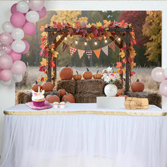 Lofaris Autumn Fall Pumpkin Backdrop with Wooden Arch and Colorful Leaves, Plaid Bunting Banner Harvest Photography Background for Party Decor