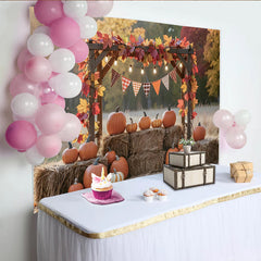 Lofaris Autumn Fall Pumpkin Backdrop with Wooden Arch and Colorful Leaves, Plaid Bunting Banner Harvest Photography Background for Party Decor
