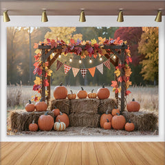 Lofaris Autumn Fall Pumpkin Backdrop with Wooden Arch and Colorful Leaves, Plaid Bunting Banner Harvest Photography Background for Party Decor