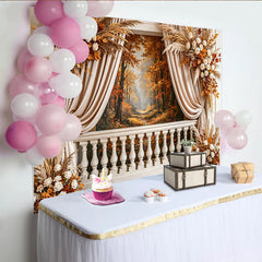 Lofaris Elegant Autumn Forest Photography Backdrop with White Roses and Pampas Grass, Balustrade Studio Background for Seasonal Shoots