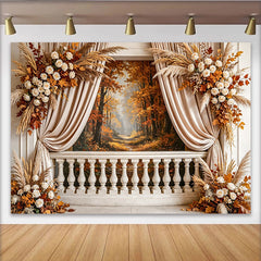 Lofaris Elegant Autumn Forest Photography Backdrop with White Roses and Pampas Grass, Balustrade Studio Background for Seasonal Shoots